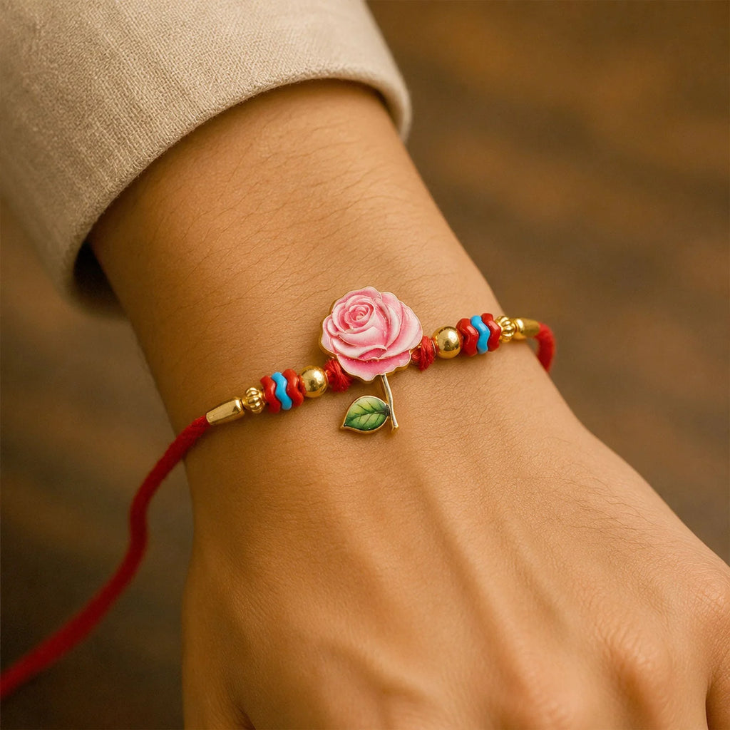 Rose Flower Rakhi For Brother Traditional Beaded Charm
