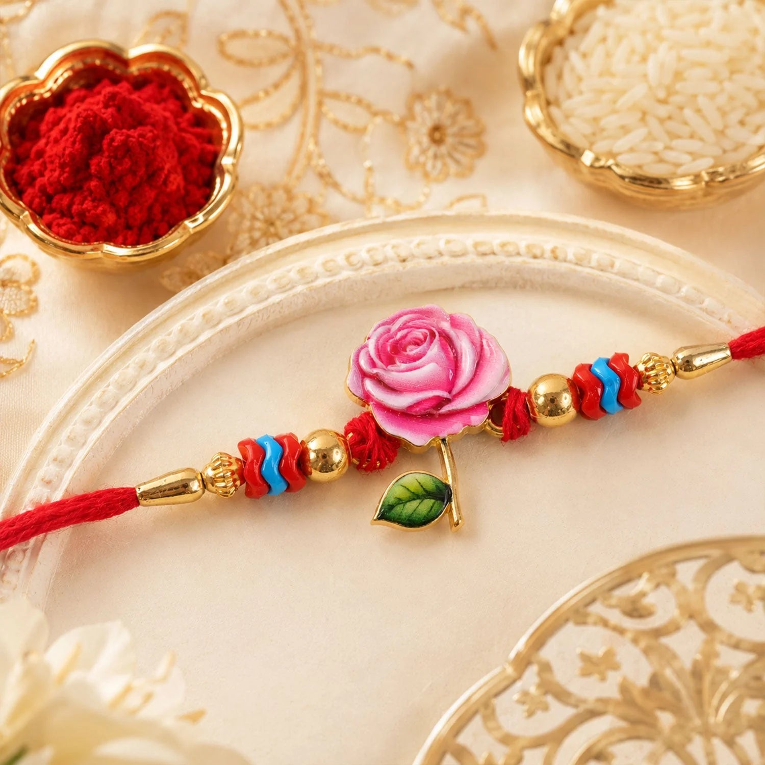 Rose Flower Rakhi For Brother Traditional Beaded Charm
