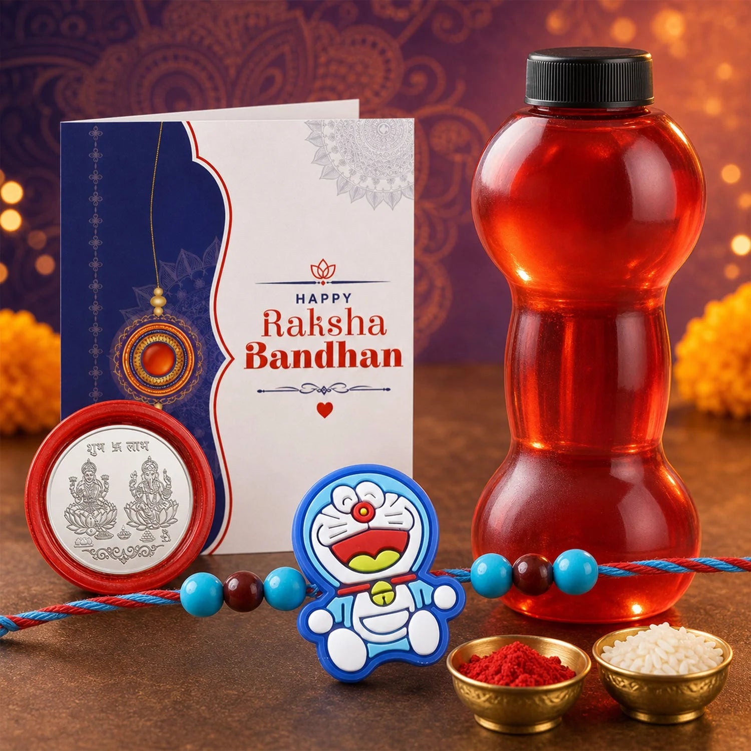 Kids Cartoon Cat Rakhi With Water Bottle Gift Combo